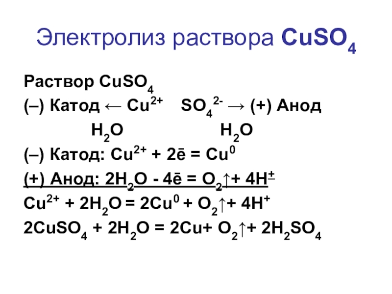 Электролиз раствора CuSO4Раствор CuSO4(–) Катод ← Cu2+  SO42- → (+) Анод