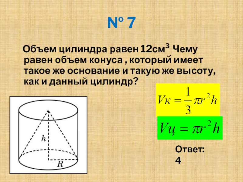 № 7    Объем цилиндра равен 12см3. Чему равен объем конуса , который имеет такое