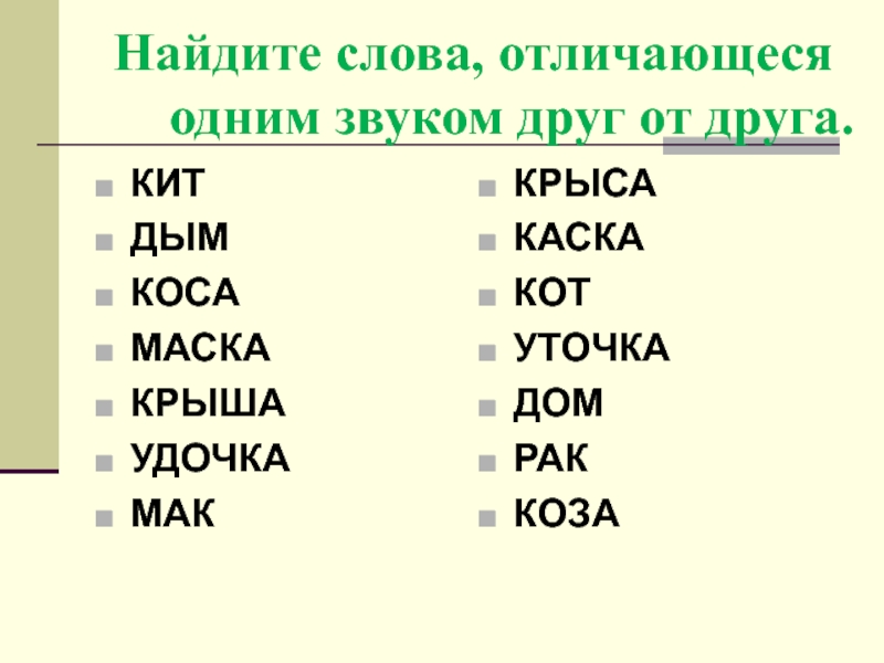 Пара слов 1. Слова отличающиеся одной буквой. Слова отличающиеся одним звуком. Слова которые отличаются одной буквой. Слова которые различаются одним звуком.