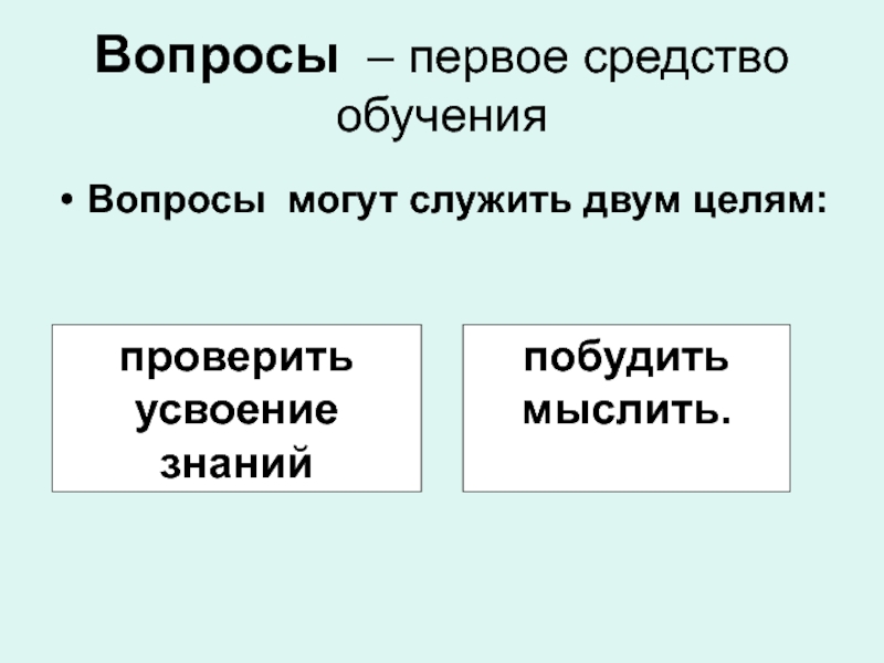 Вопросы  – первое средство обученияВопросы  могут служить двум целям: проверить усвоение знаний побудить мыслить.