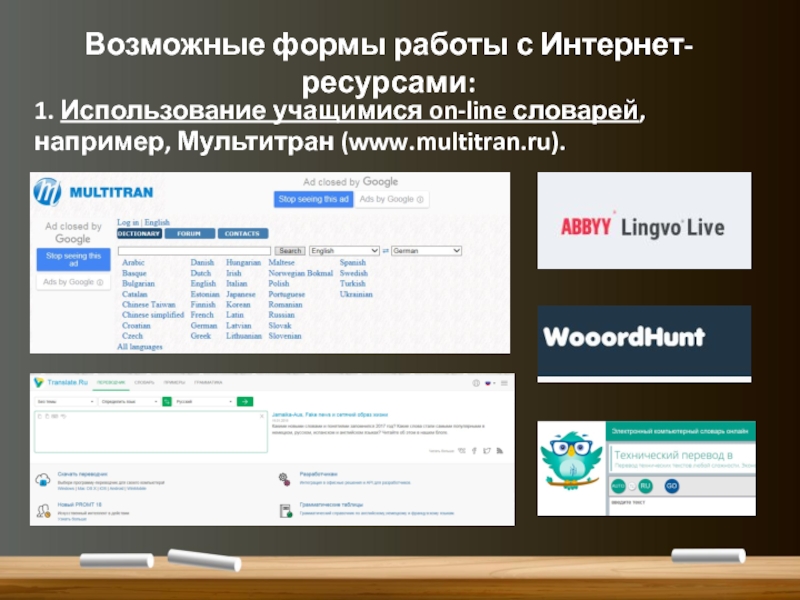 Возможные формы работы с Интернет-ресурсами:1. Использование учащимися on-line словарей, например, Мультитран (www.multitran.ru).