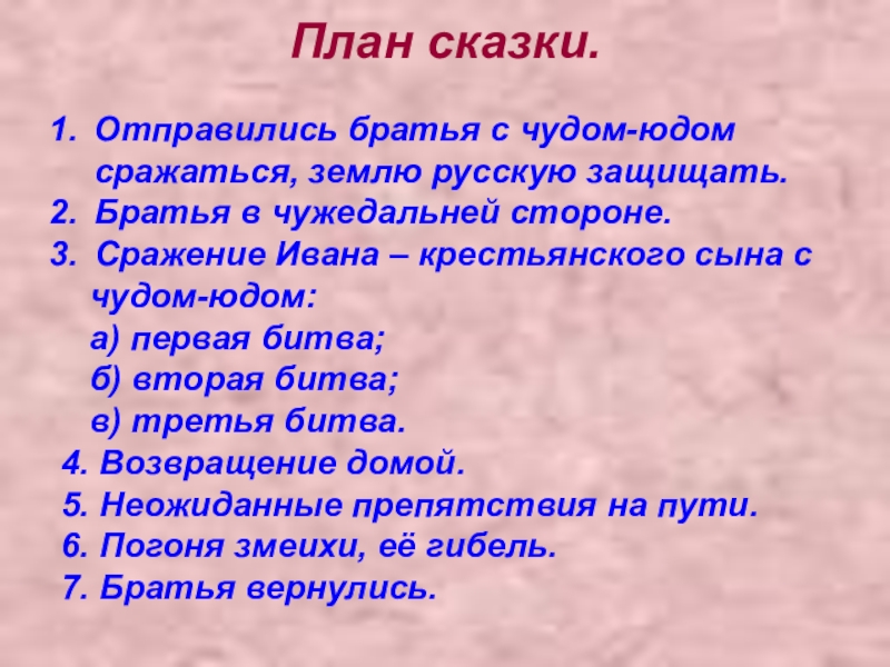 План сказки.Отправились братья с чудом-юдом сражаться, землю русскую защищать.Братья в чужедальней стороне.Сражение Ивана – крестьянского сына с