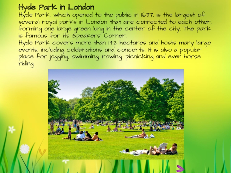 Park перевод на русский. Hyde Park презентация. Гайд парк презентация на английском. Hyde Park is the largest. Гайд парк в Лондоне доклад.