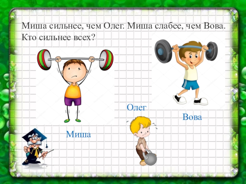 Миша миша длины. Миша сильнее чем Олег Миша слабее чем Вова. Кто сильнее всех. Кто сильнее. Кто сильнее схема.