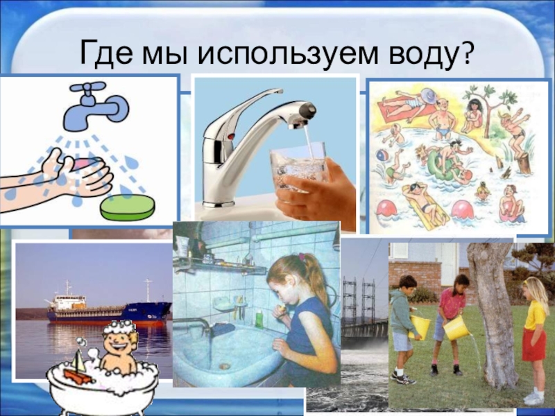 Воду нужно использовать. Использование воды человеком. Берегите воду для дошкольников. Иллюстрации, изображающие использование воды человеком. Где мы используем воду.