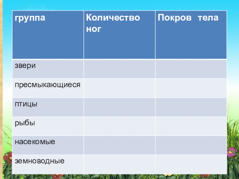 Группа животных покровы тела таблица