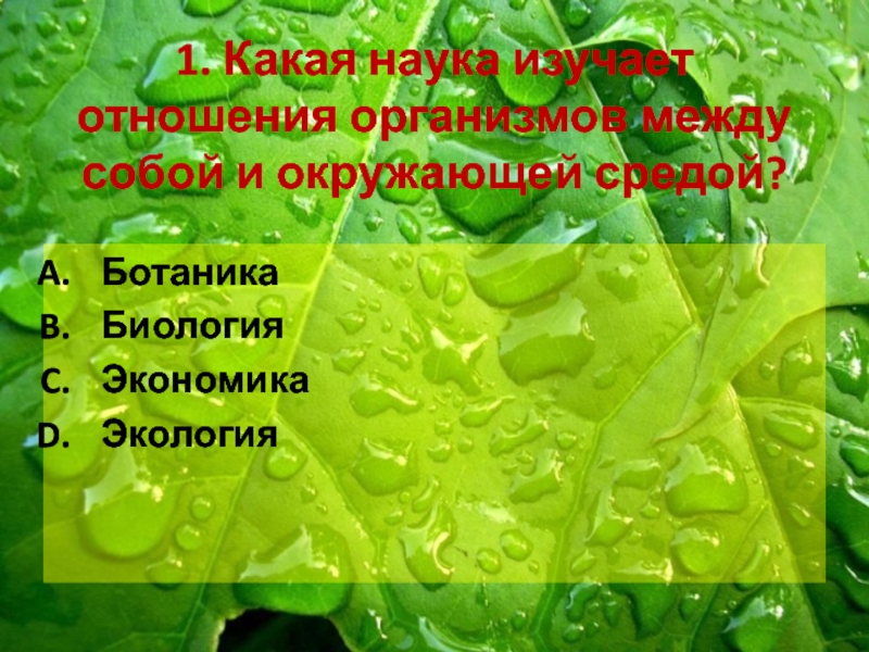 Биология 4. Экология ботаника. Экономика и биология. Среды жизни ботаника.