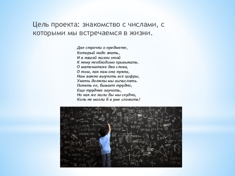 Цель проекта: знакомство с числами, с которыми мы встречаемся в жизни. Две строчки о предмете, Который надо