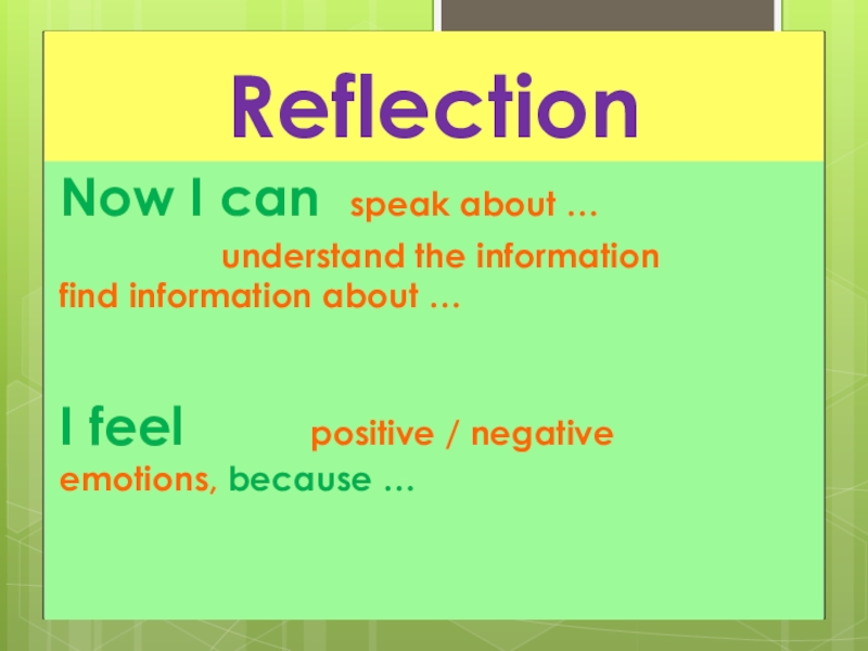 ReflectionNow I can speak about …			  understand the information 			  find information about …I feel