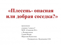 Презентация проекта по окружающему миру на тему Плесень- опасная или добрая соседка? (3 класс)