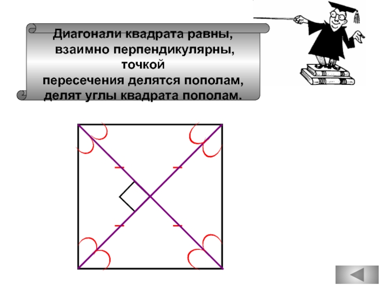 Пересечение диагоналей квадрата. Диагонали квадрата взаимно перпендикулярны. Диагонали квадрата равны взаимно перпендикулярны. Диагонали квадрата точкой пересечения делятся пополам. Диагональ квадрата делит угол пополам.