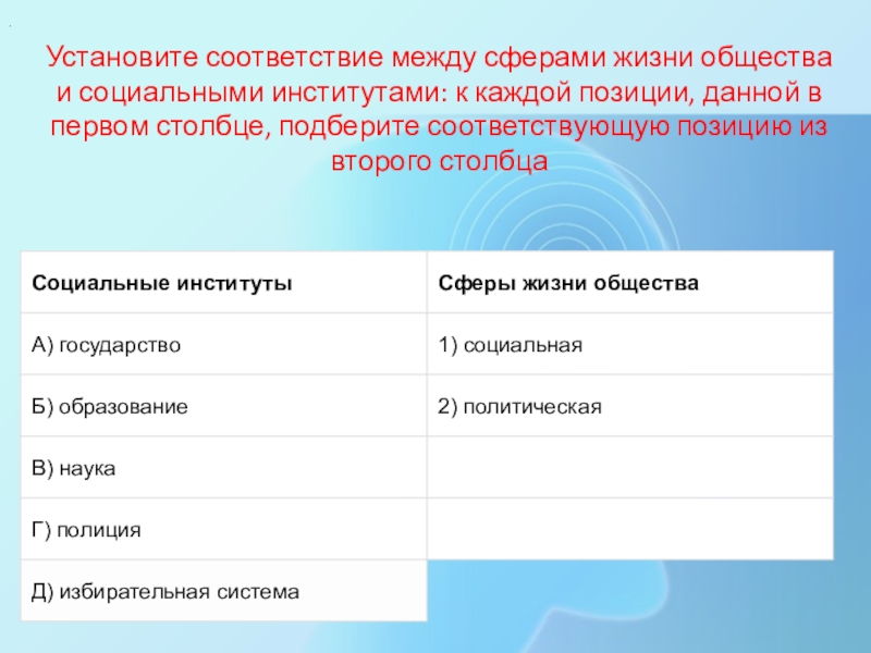 Установите соответствие между сферами жизни общества