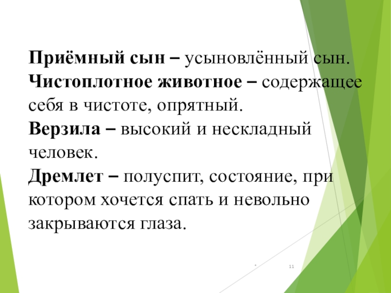 *Приёмный сын – усыновлённый сын.Чистоплотное животное – содержащее себя в чистоте, опрятный.Верзила – высокий и нескладный человек.Дремлет