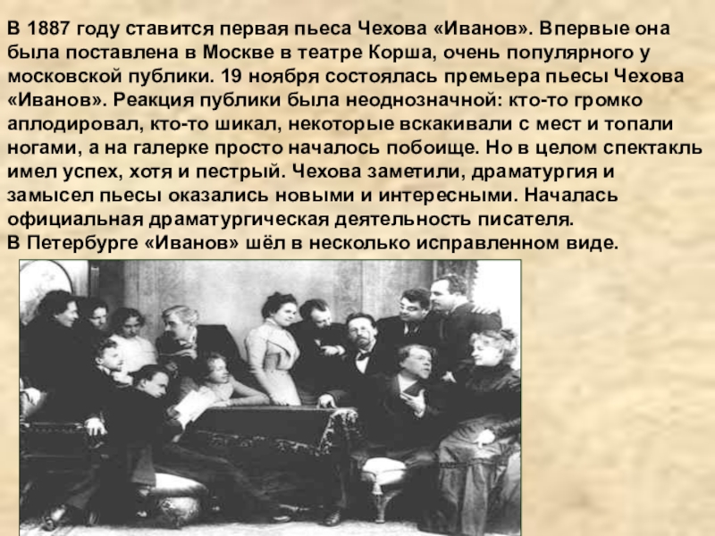 В 1887 году ставится первая пьеса Чехова «Иванов». Впервые она была поставлена в Москве в театре Корша,