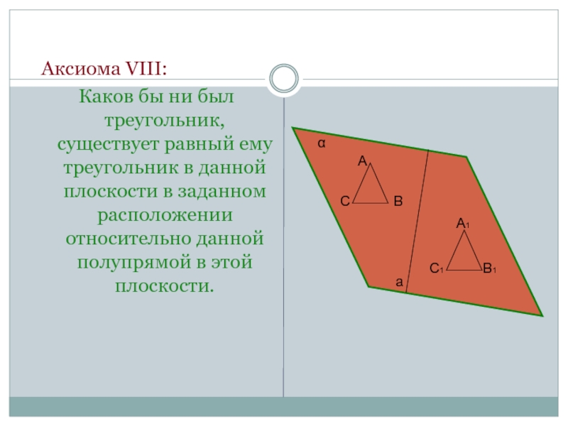 Аксиома VIII:Каков бы ни был треугольник, существует равный ему треугольник в данной плоскости в заданном расположении