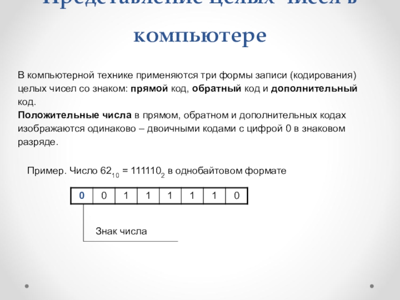 Для кодирования целых чисел используются. Числа в однобайтовом знаковом формате. Число 18 в однобайтовом формате. Дополнительный код числа в однобайтовом формате. Отрицательное число в однобайтовом формате.