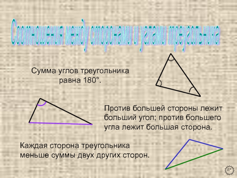 Соотношения между сторонами и углами треугольника Сумма углов треугольника равна 180°.Против большей стороны лежит больший угол; против