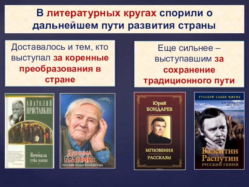 В литературных кругах спорили о дальнейшем пути развития страныДоставалось и тем, кто выступал за коренные преобразования в