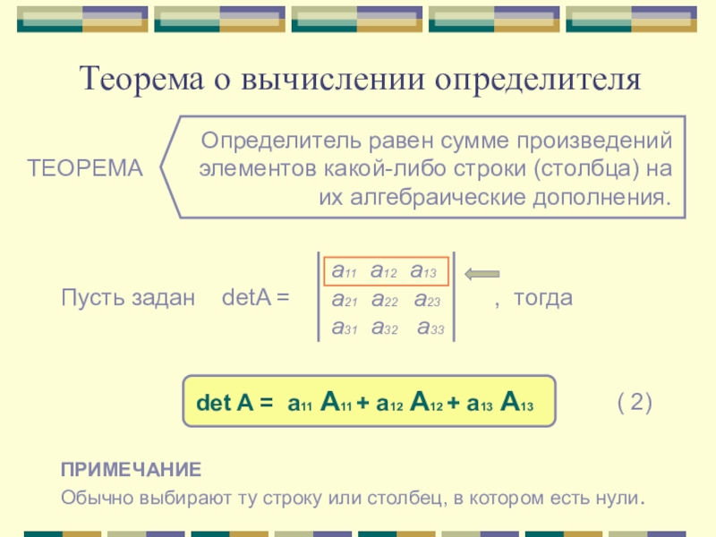 Теорема о вычислении. Теорема о вычислении определителя. Теорема аннулирования определителя. Определитель равен сумме произведений элементов какой либо. Теорема о нулевом определителе.