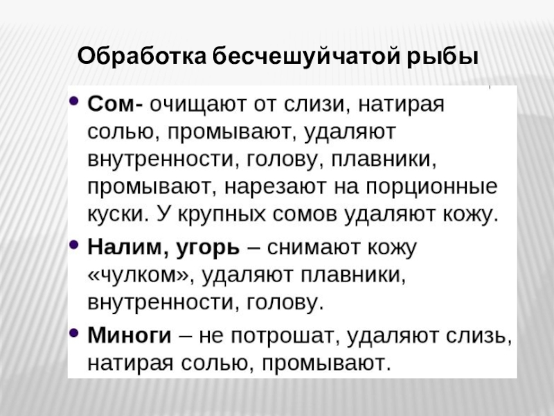 Составьте схему обработки бесчешуйчатой рыбы по операциям