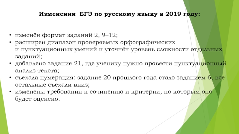 Изменения ЕГЭ по русскому языку в 2019 году:изменён формат заданий 2, 9–12;расширен диапазон проверяемых орфографических и пунктуационных умений