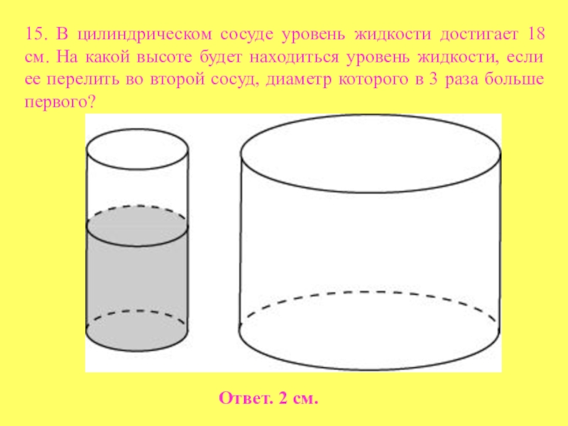 Диаметр какого сосуда больше. Цилиндрический сосуд. Уровень жидкости в цилиндрическом сосуде. В цилиндрическом сосуде уровень жидкости достигает. Диаметр цилиндрического сосуда.