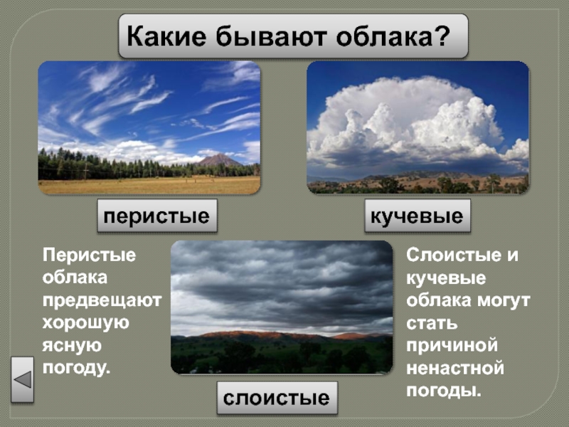 Какие бывают облака?перистыекучевыеслоистыеСлоистые и кучевые облака могут стать причиной ненастной погоды. Перистые облакапредвещаютхорошую ясную погоду.