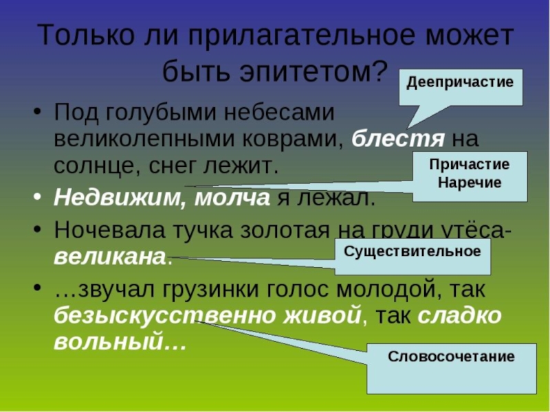 Привести эпитеты из художественной текста. Прилагательные эпитеты. Эпитет это прилагательное. Примеры прилагательных эпитетов. Прилагательное эпитет это пример.