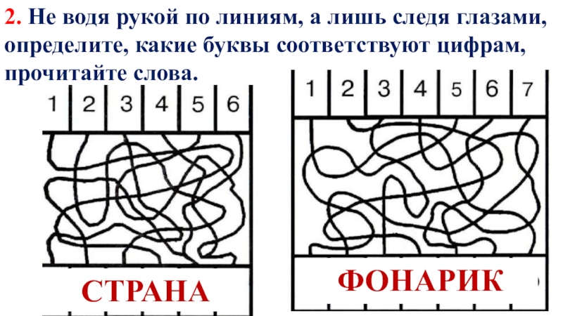 Увидеть соответствующий. Не водя рукой по линии а лишь следя глазами определи какие буквы. Не водя рукой по линиям следи глазами. Не водя рукой определи какие буквы соответствуют. Буквы соответствуют цифрам.