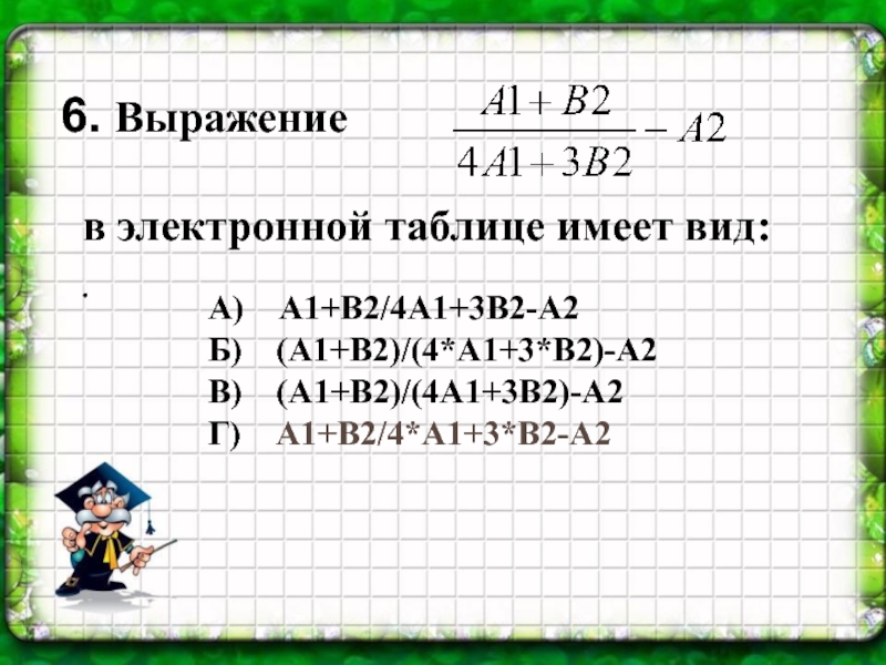 .6. Выражение  в электронной таблице имеет вид:A)  А1+В2/4А1+3В2-А2Б)  (А1+В2)/(4*А1+3*В2)-А2В)  (А1+В2)/(4А1+3В2)-А2Г)  А1+В2/4*А1+3*В2-А2