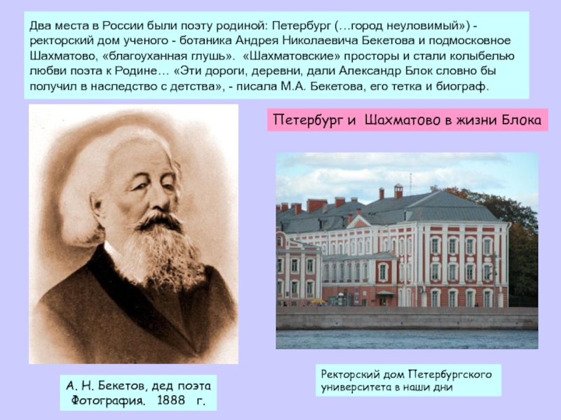 Два места в России были поэту родиной: Петербург (…город неуловимый») - ректорский дом ученого - ботаника Андрея