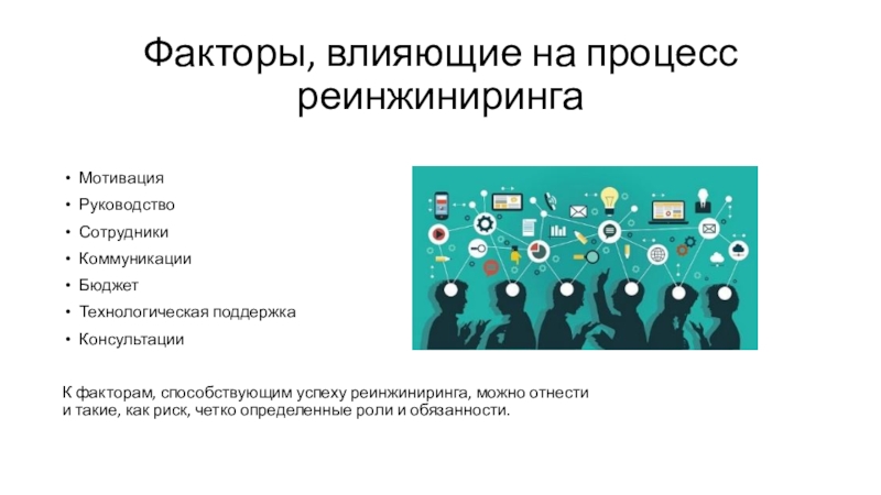 Факторы, влияющие на процесс реинжиниринга МотивацияРуководствоСотрудникиКоммуникацииБюджетТехнологическая поддержкаКонсультацииК факторам, способствующим успеху реинжиниринга, можно отнести и такие, как риск, четко определенные роли и обязанности.