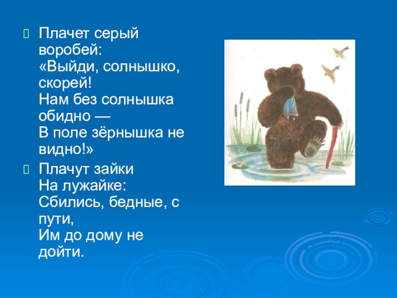 Выйди выйди солнышко. Плачет серый Воробей выйди солнышко скорей. Плачут зайки на лужайке. Плачут зайки на лужайке сбились бедные. Плачет серый Воробей.