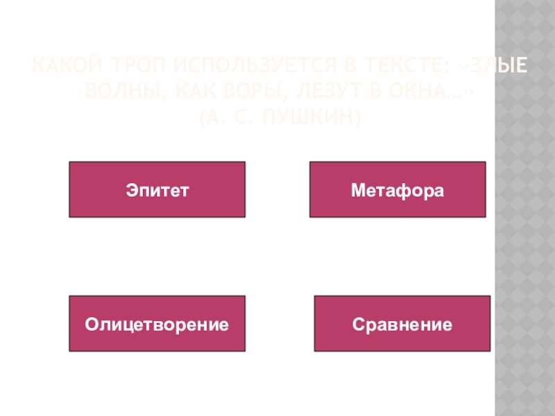 Какой троп используется в тексте: «Злые волны, как воры, лезут в окна…»  (А. С. Пушкин)ЭпитетМетафораОлицетворениеСравнение