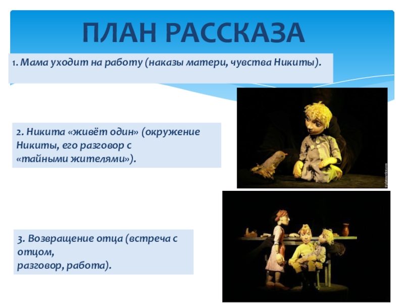 План рассказа «никита»1. Мама уходит на работу (наказы матери, чувства Никиты). 2. Никита «живёт один» (окружение Никиты, его