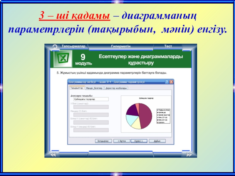 3 – ші қадамы – диаграмманың параметрлерін (тақырыбын, мәнін) енгізу.