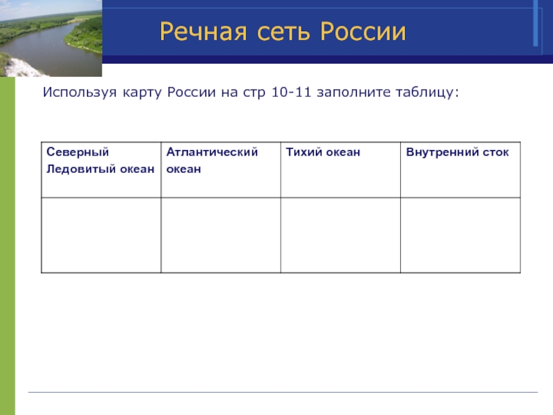 Речная сеть РоссииИспользуя карту России на стр 10-11 заполните таблицу: