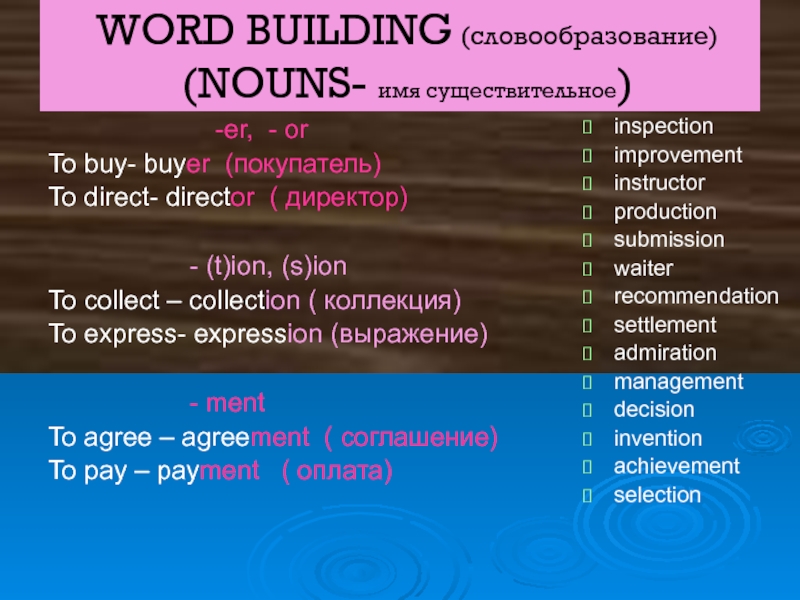 WORD BUILDING (словообразование) (NOUNS- имя существительное)
