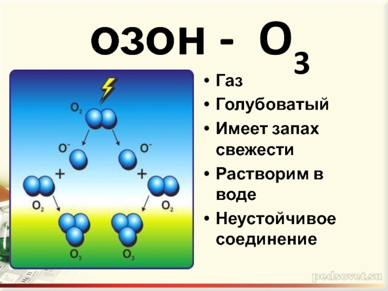 озон - O3ГазГолубоватыйИмеет запах свежестиРастворим в водеНеустойчивое соединение