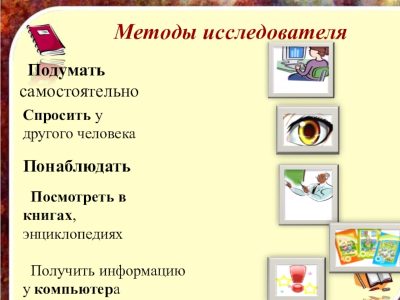 Метод и исследователь. Подумать самостоятельно. Методы исследования карточки подумать самостоятельно. Папка исследователя по Савенкову. Карточка подумать самостоятельно.