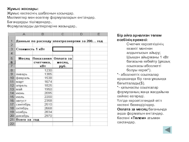 Жұмыс жоспары:Жұмыс кестесінің шаблонын қосындар.Мәліметтер мен есептеу формулаларын енгізіндер.Бағандарды пішімдендер..Формулаларды дәптерлеріне жазыңдар..Бір айға арналған төлем есебінің ережесі:Счетчик