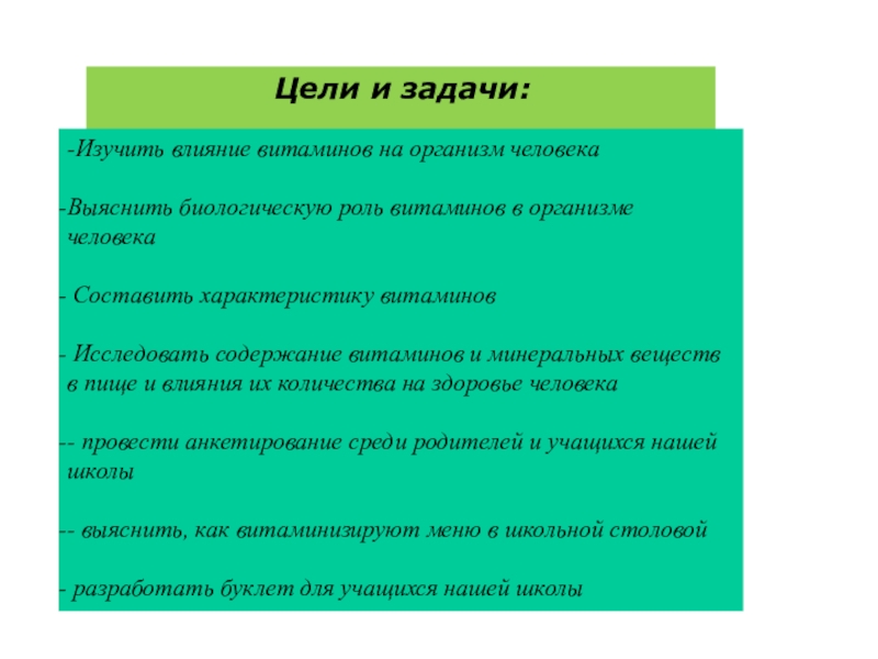 Цель организма. Цели и задачи проекта по витаминам. Изучение влияния витаминов на организм. Задачи проекта витамины. Задачи изучения витаминов.