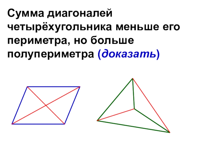 Каждая из диагоналей четырехугольника. Сумма диагоналей че. Сумма диагоналей четырехугольника. Сумма диагоналей выпуклого четырехугольника. Докажите что сумма диагоналей четырехугольника меньше его периметра.