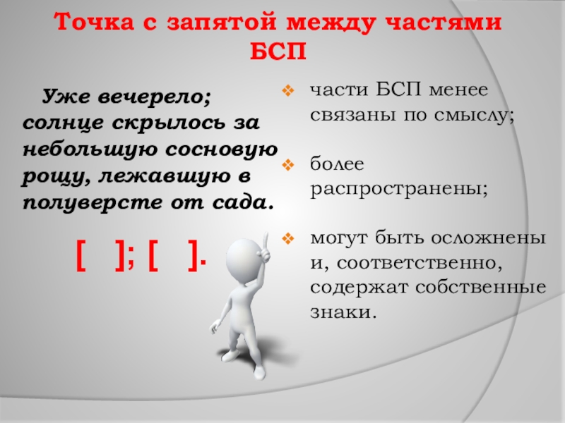 части БСП менее связаны по смыслу;более распространены;могут быть осложнены и, соответственно, содержат собственные знаки.  Уже вечерело;