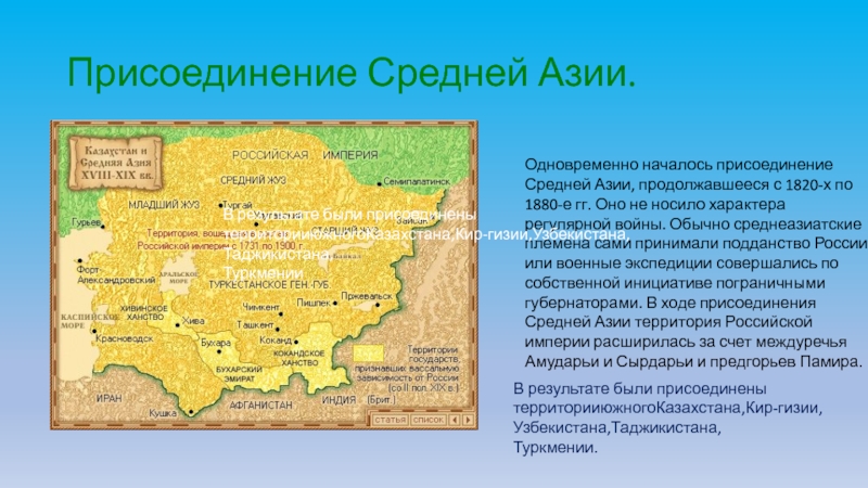 Карта присоединение средней азии к россии в 19 веке