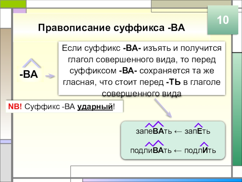 Правописание суффикса -ВА10-ВАЕсли суффикс -ВА- изъять и получится глагол совершенного вида, то перед суффиксом -ВА- сохраняется та