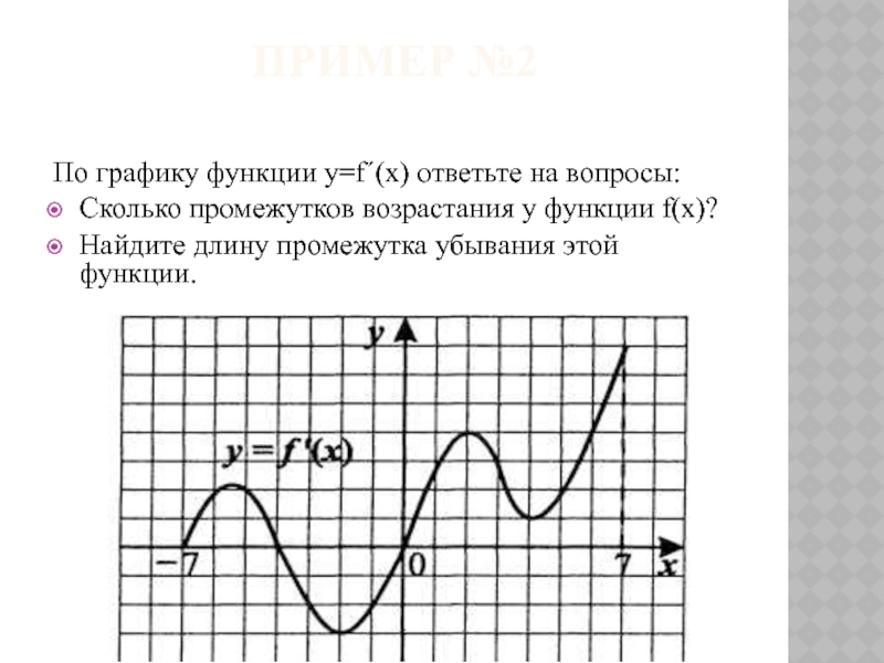 Пример №2По графику функции y=f´(x) ответьте на вопросы:Сколько промежутков возрастания у функции f(x)?Найдите длину промежутка убывания этой