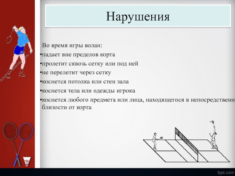 Правила бадминтона кратко. Бадминтон нарушения. Бадминтон презентация. Игра в бадминтон через сетку. Нарушения в бадминтоне кратко.