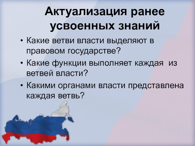 Актуализация ранее усвоенных знанийКакие ветви власти выделяют в правовом государстве?Какие функции выполняет каждая из ветвей власти?Какими органами