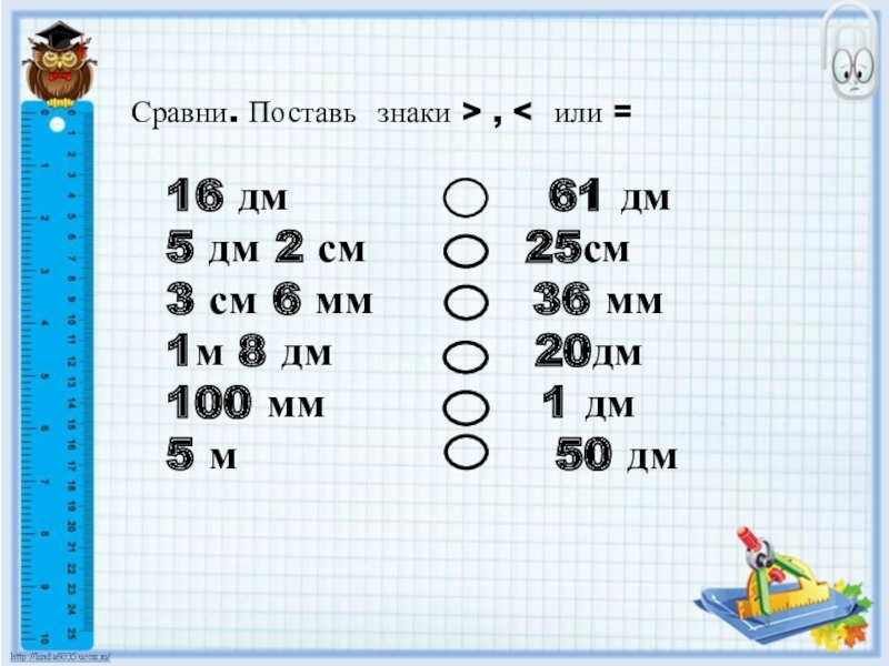 30 сантиметров равно. Сравни. Поставь знаки < > или =.. 20см 2дм. Поставь знак + или -. 20дм+2см 6мм.